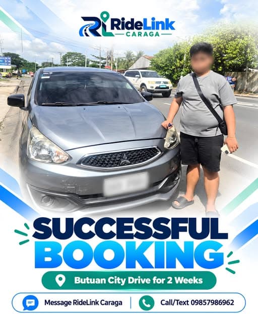 Customer holding the keys beside a silver rental hatchback on a Butuan City road. Face and plate blurred.
