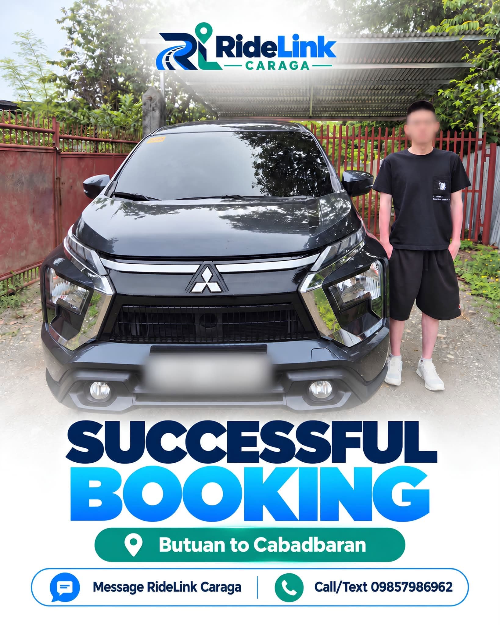 Customer standing beside a black rental MPV before a trip from Butuan to Cabadbaran. Face and plate blurred.