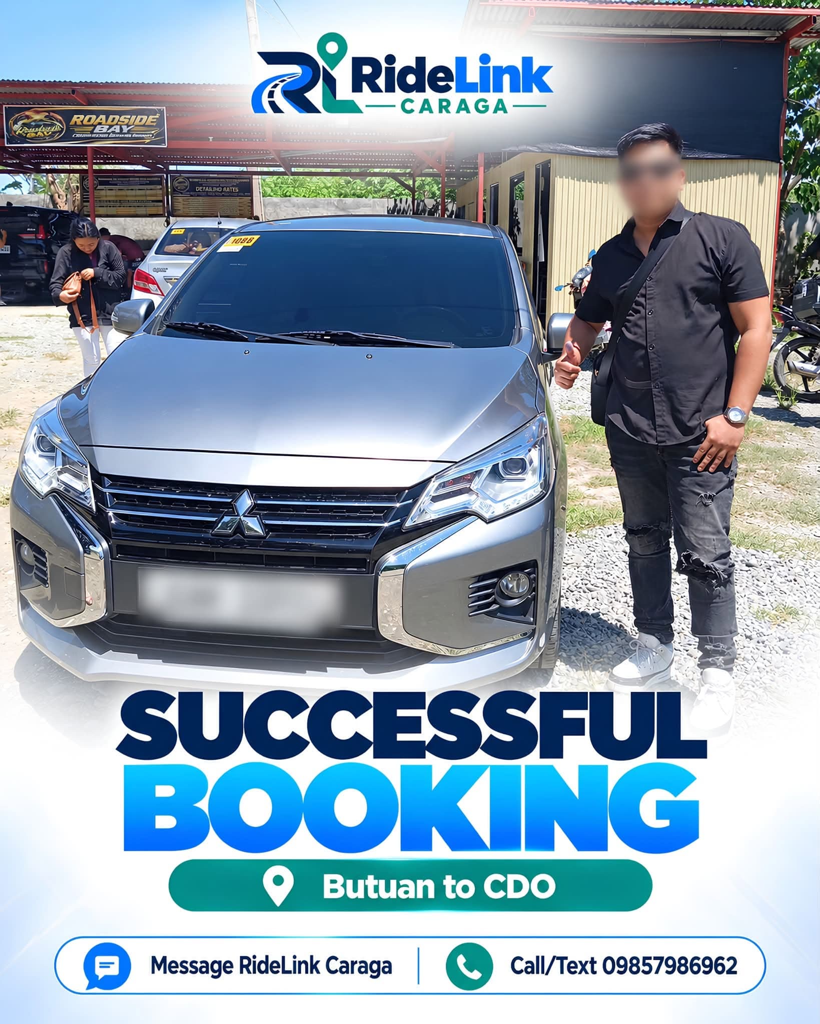 Customer giving a thumbs up beside a silver rental sedan before a trip from Butuan to CDO. Face and plate blurred.