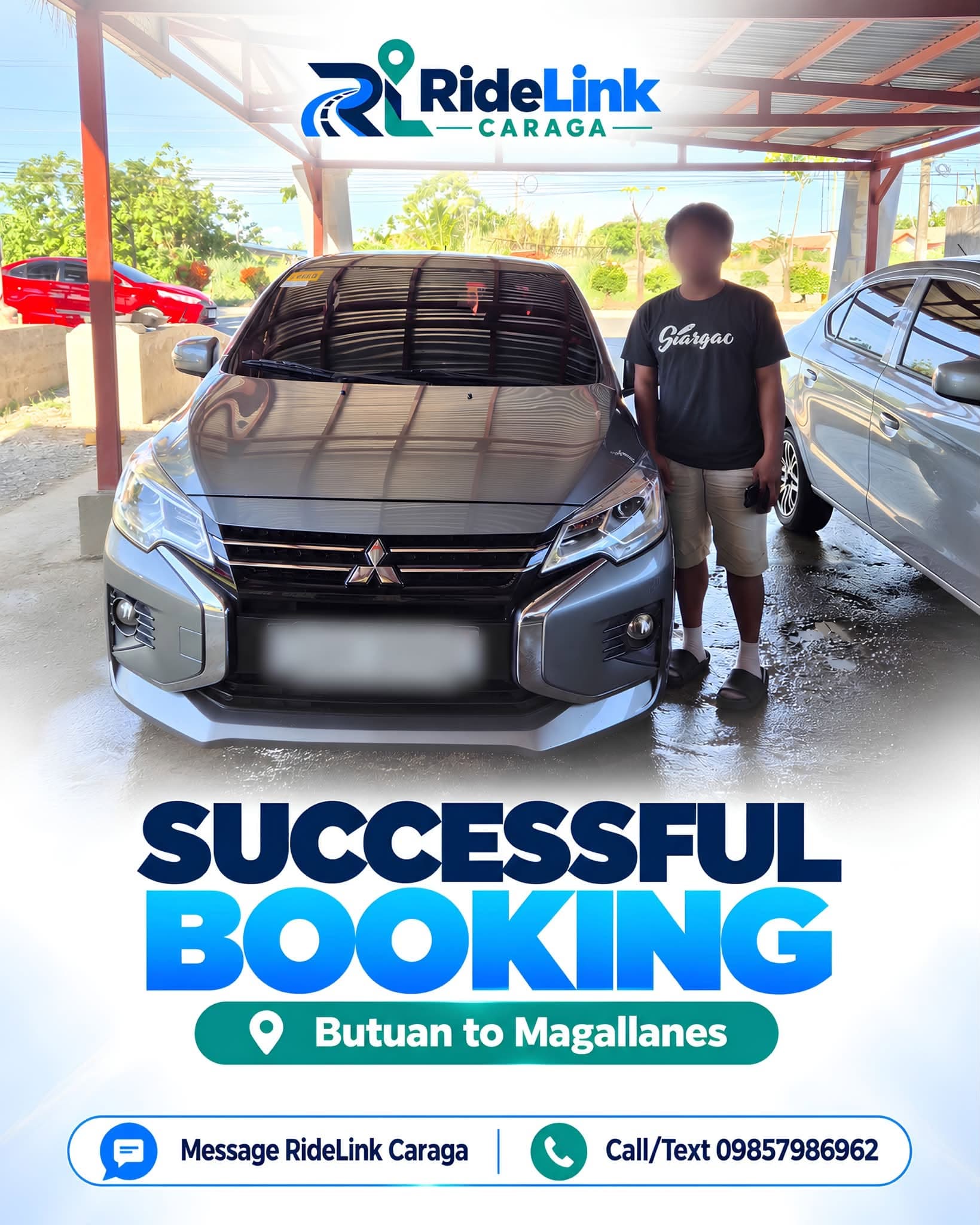 Customer standing beside a grey rental sedan under a carport before a trip from Butuan to Magallanes. Face and plate blurred.