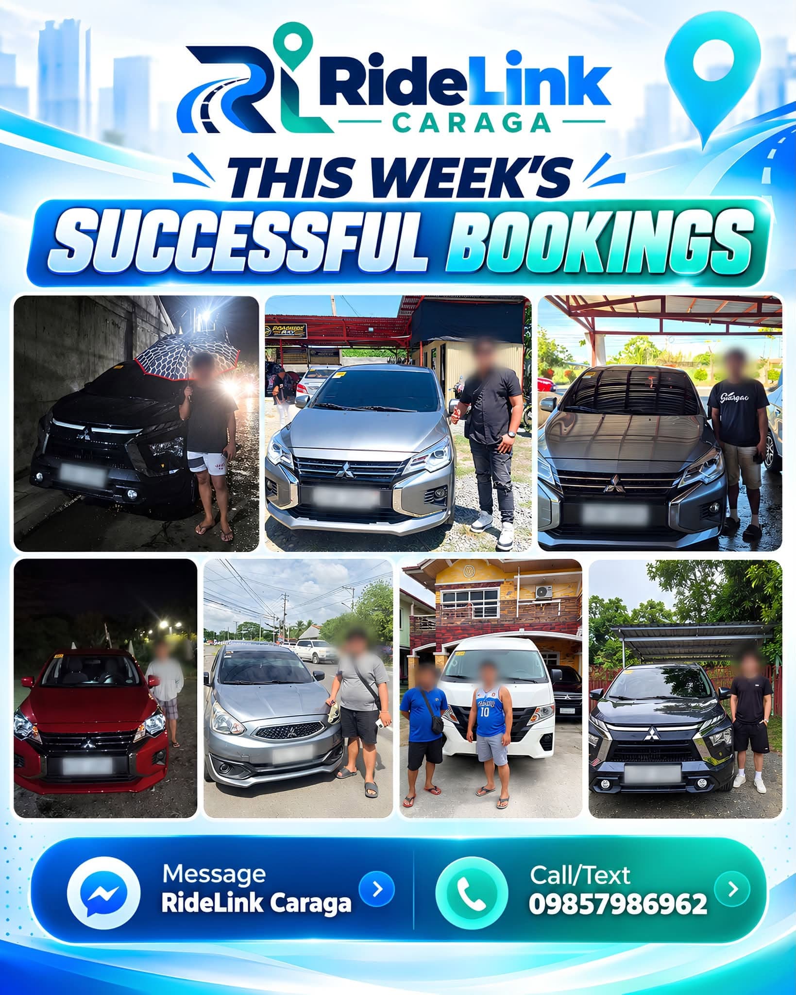 Collage of seven customers with their rental cars and vans. Faces and plates blurred.